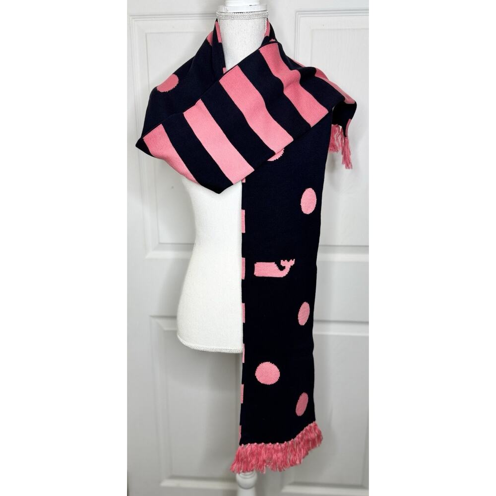 Vineyard Vines Pink Navy Blue Polka Dot Whale Striped Print Scarf Wrap Tassels